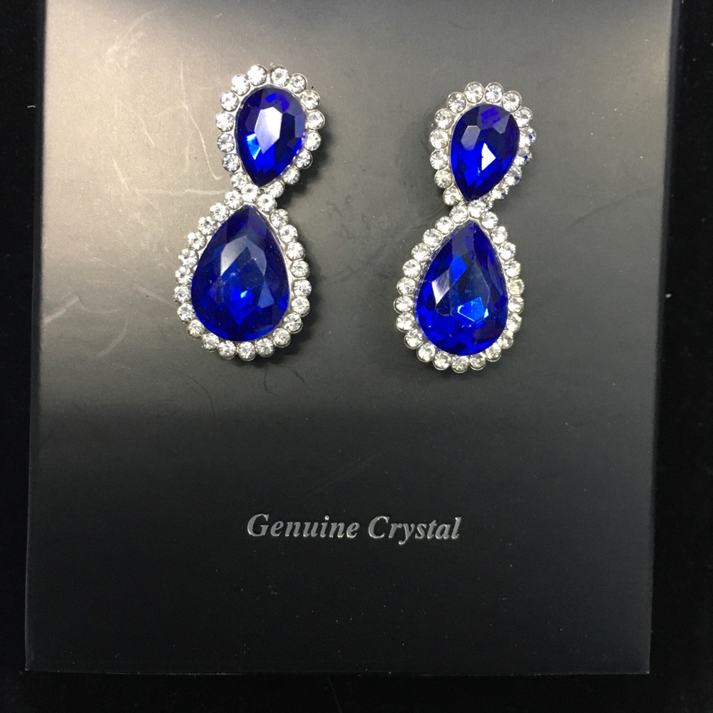 Crystal Sapphire Tear Drop Dangle Post Earrings - Picture 3 of 9
